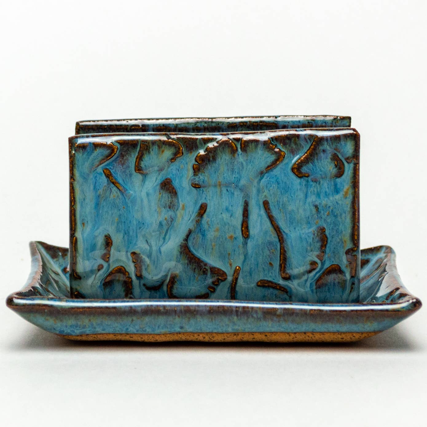 Ginkgo Patterned Blue Ceramic Sponge Holder