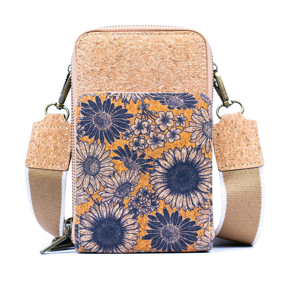 Natural Cork Crossbody Phone Bag with Triple Zipper Design