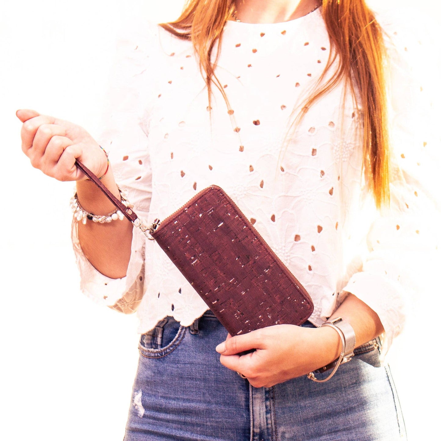 Brown mixed silver cork with accents card zipper Wallet