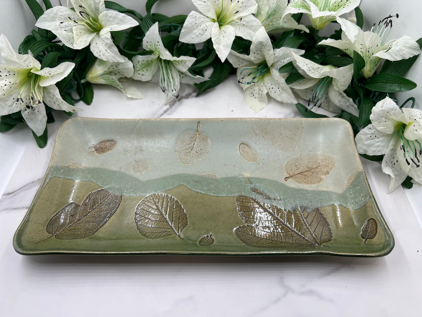 Rectangle Tray w/Leaves handmade pottery