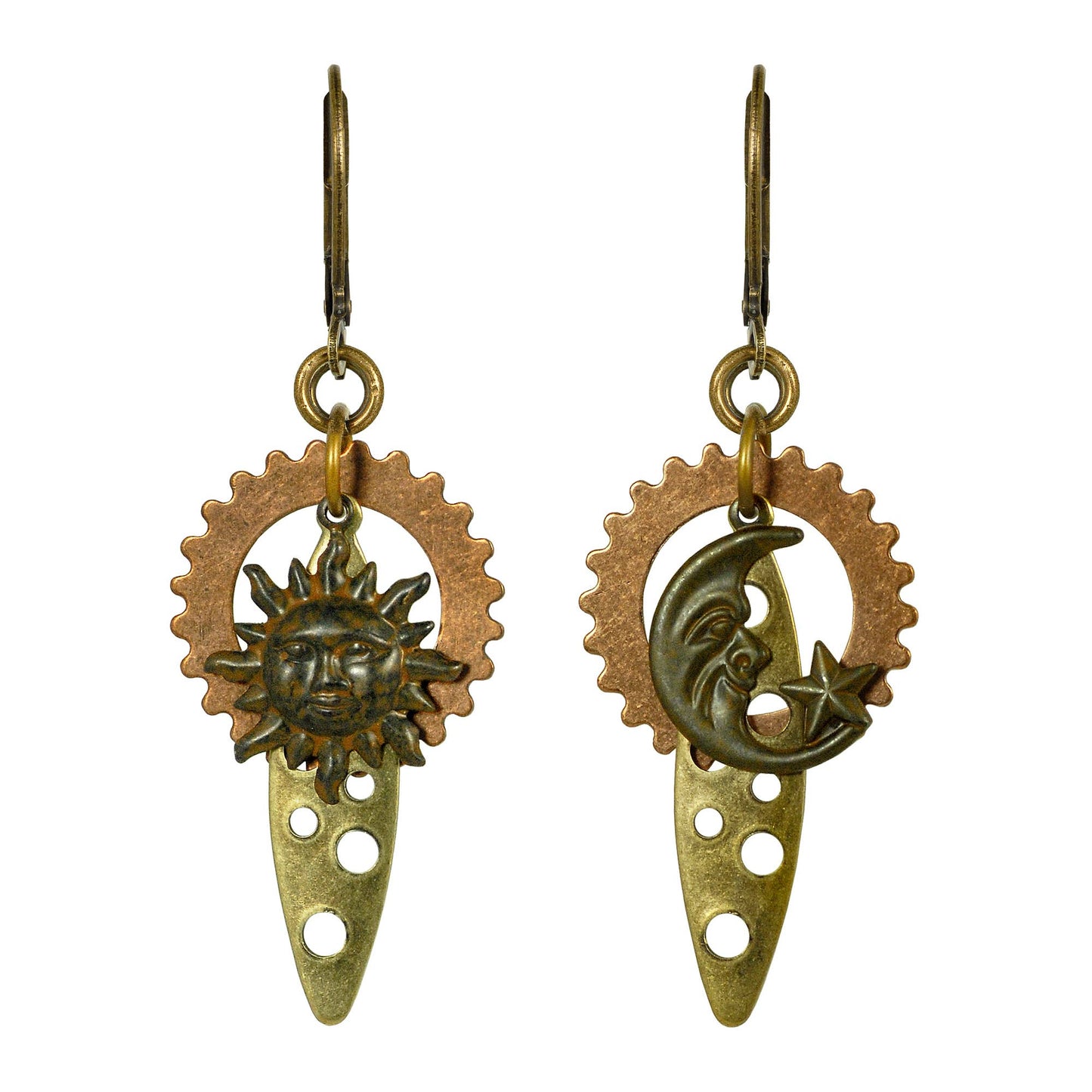 Sun, Moon, and Gears Asymmetrical Space Steampunk Earrings