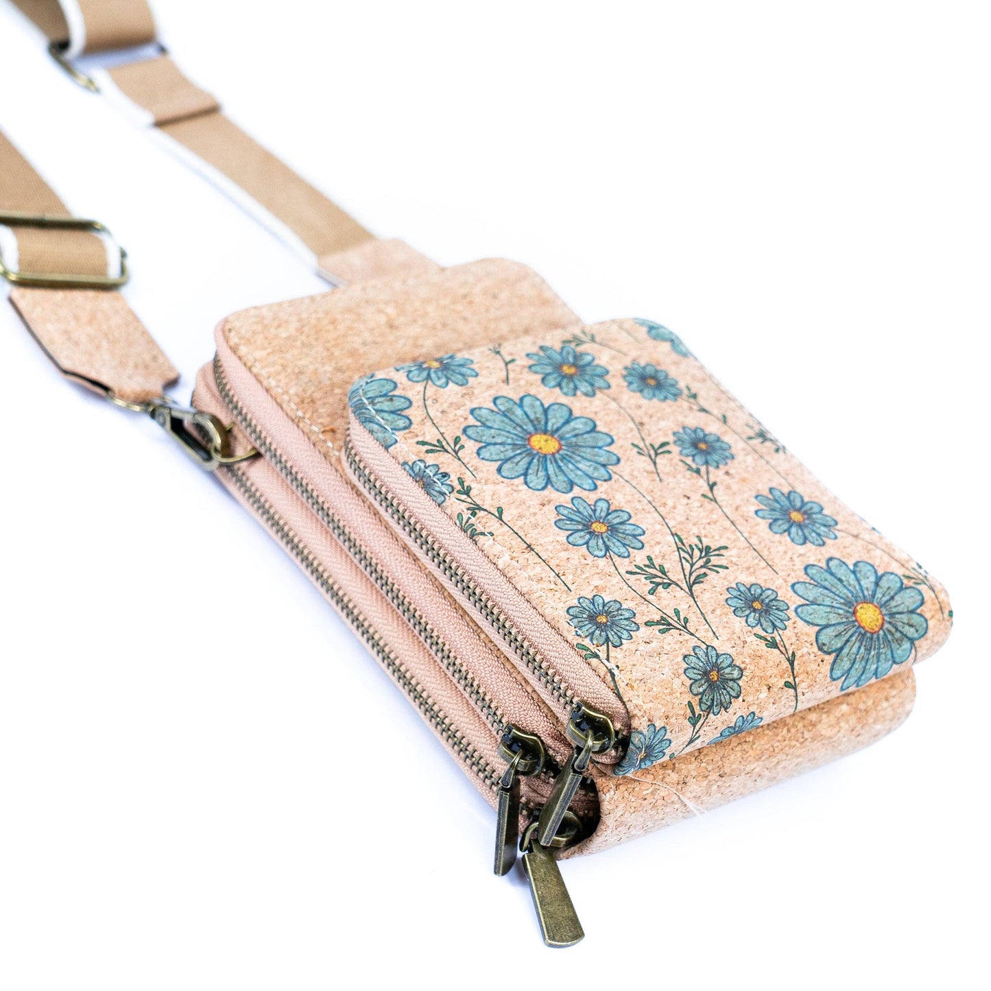 Natural Cork Crossbody Phone Bag with Triple Zipper Design