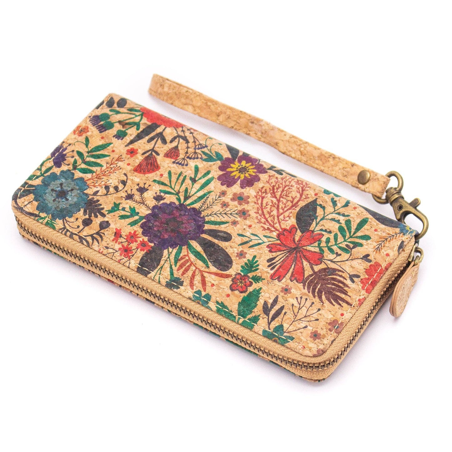 Natural cork with flower pattern zipper women wallet