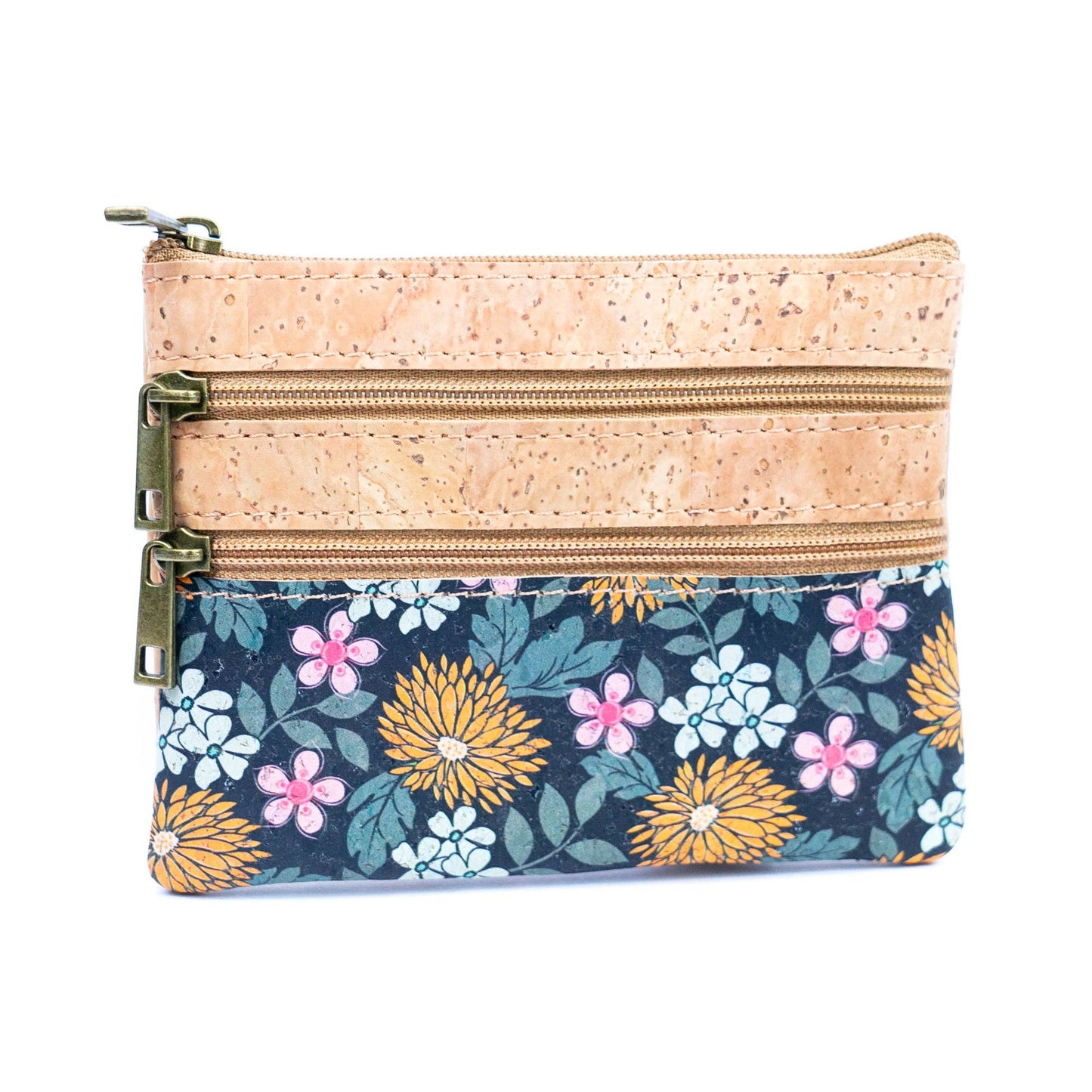 Chic Printed Cork Mini Wallet with Triple Zippers