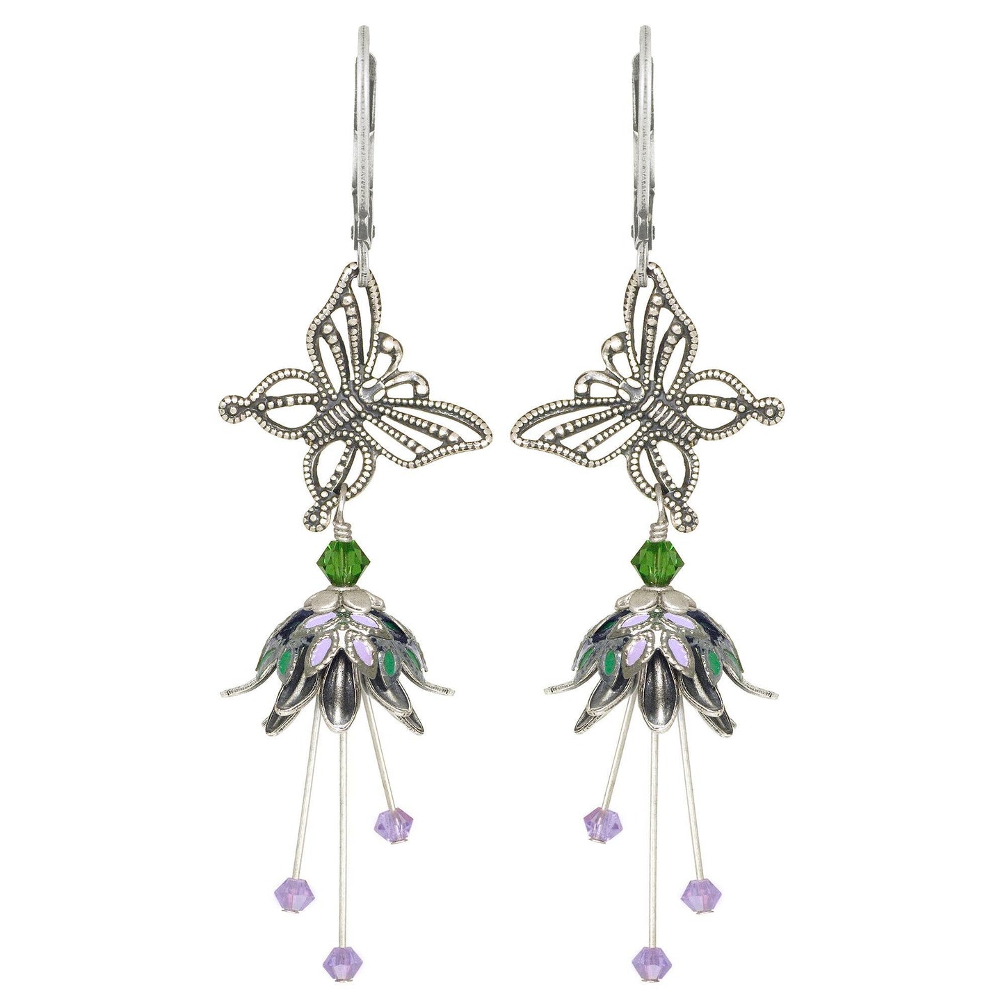 Butterfly Nature Painted Earrings w Crystals - Flower Fairy