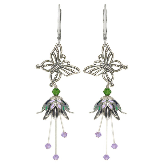 Butterfly Nature Painted Earrings w Crystals - Flower Fairy