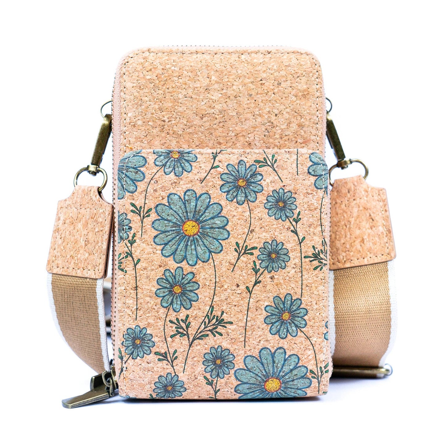 Natural Cork Crossbody Phone Bag with Triple Zipper Design