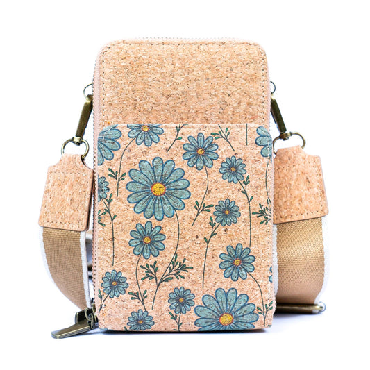 Natural Cork Crossbody Phone Bag with Triple Zipper Design