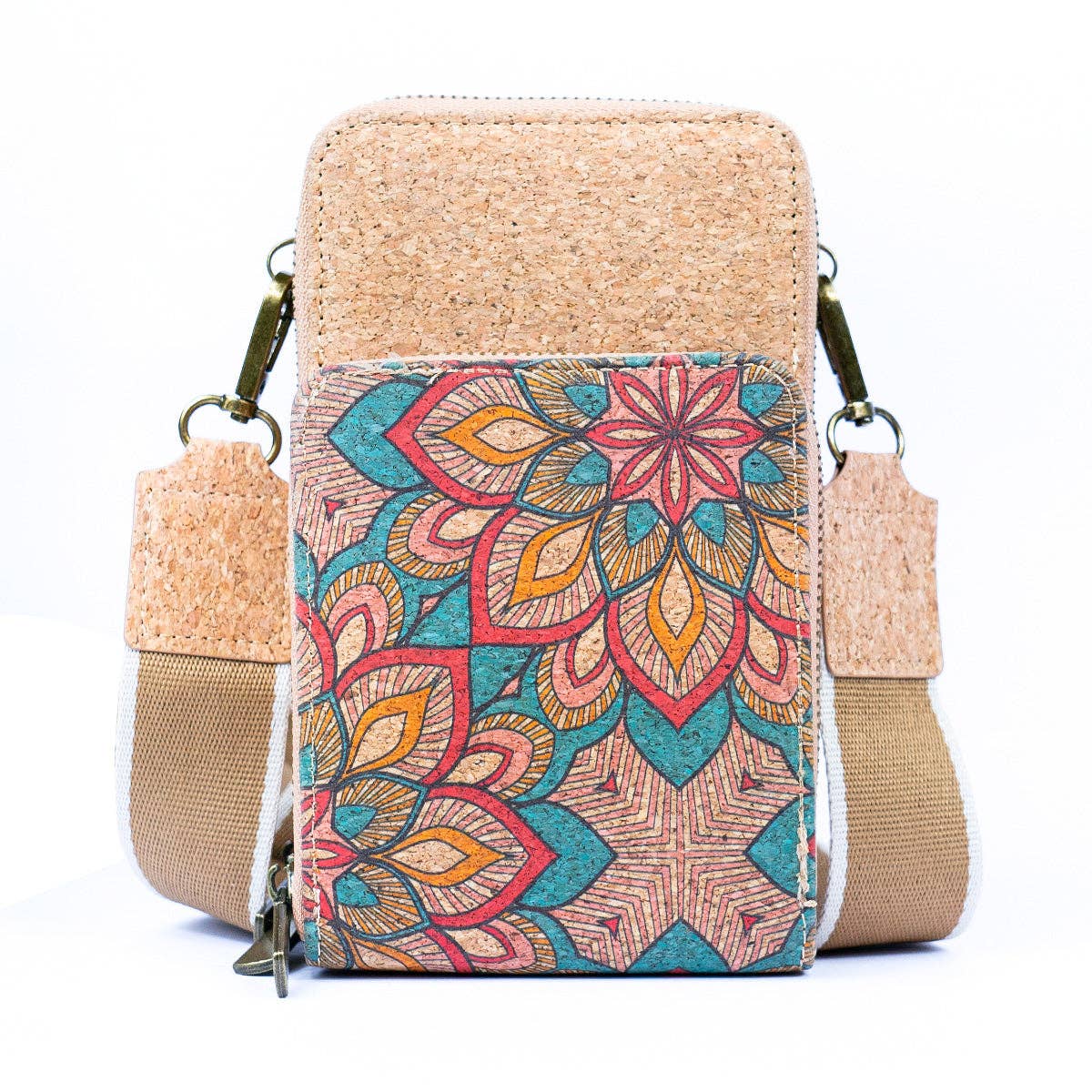 Natural Cork Crossbody Phone Bag with Triple Zipper Design