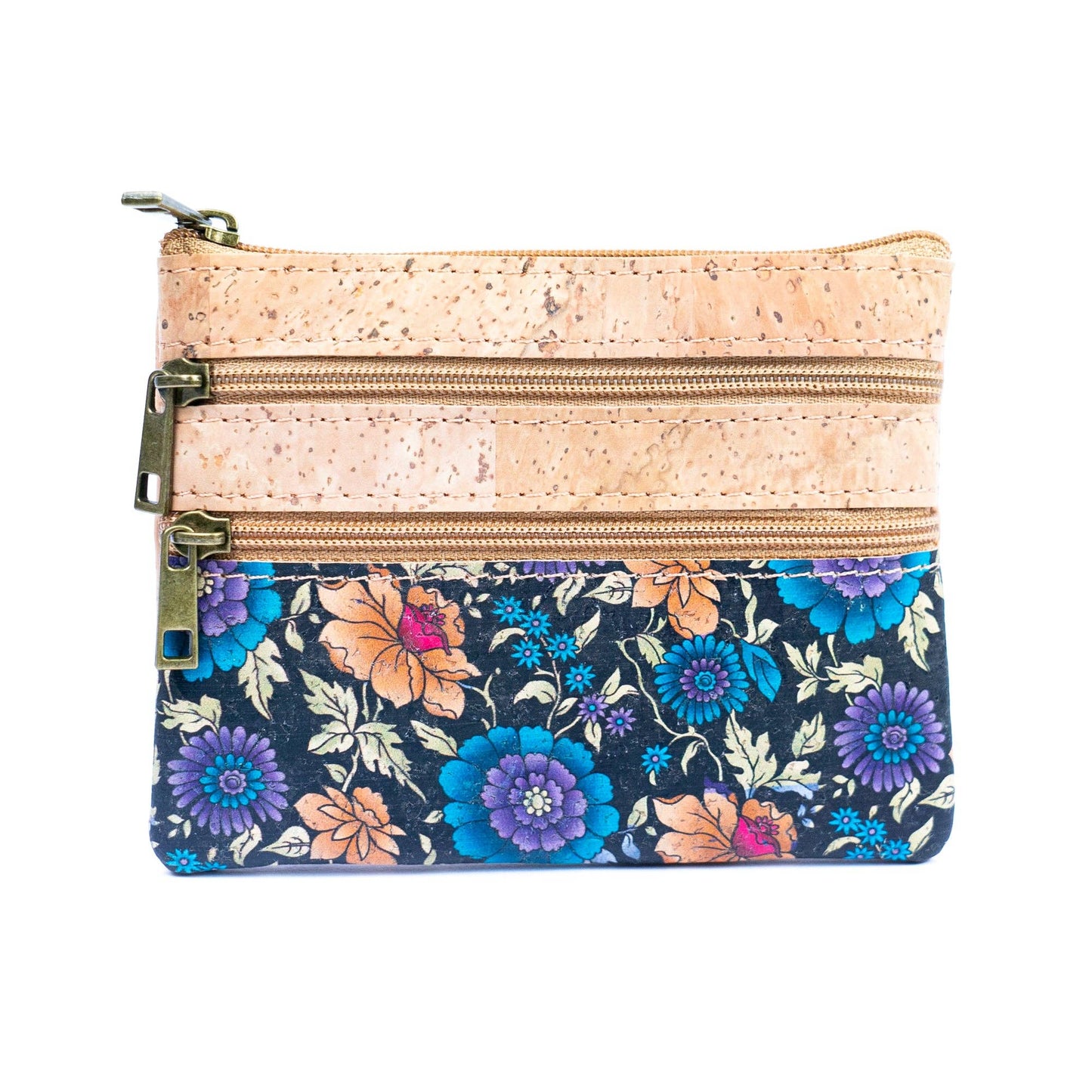 Chic Printed Cork Mini Wallet with Triple Zippers