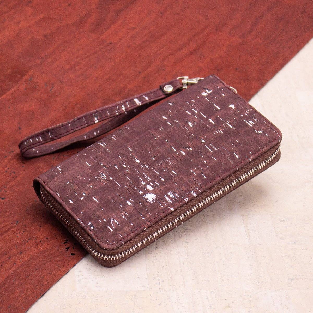 Brown mixed silver cork with accents card zipper Wallet