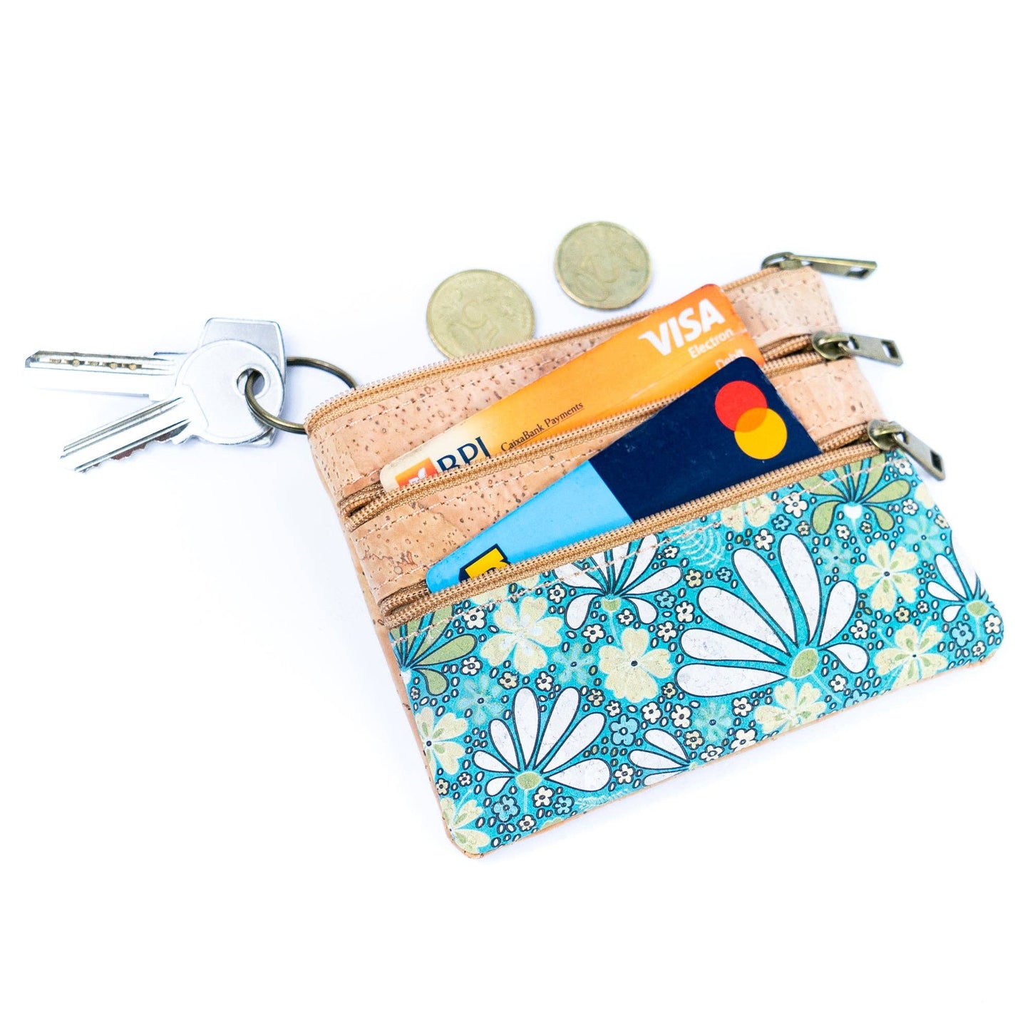 Chic Printed Cork Mini Wallet with Triple Zippers