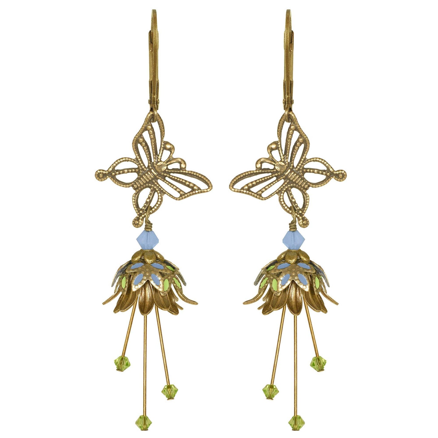 Butterfly Nature Painted Earrings w Crystals - Flower Fairy