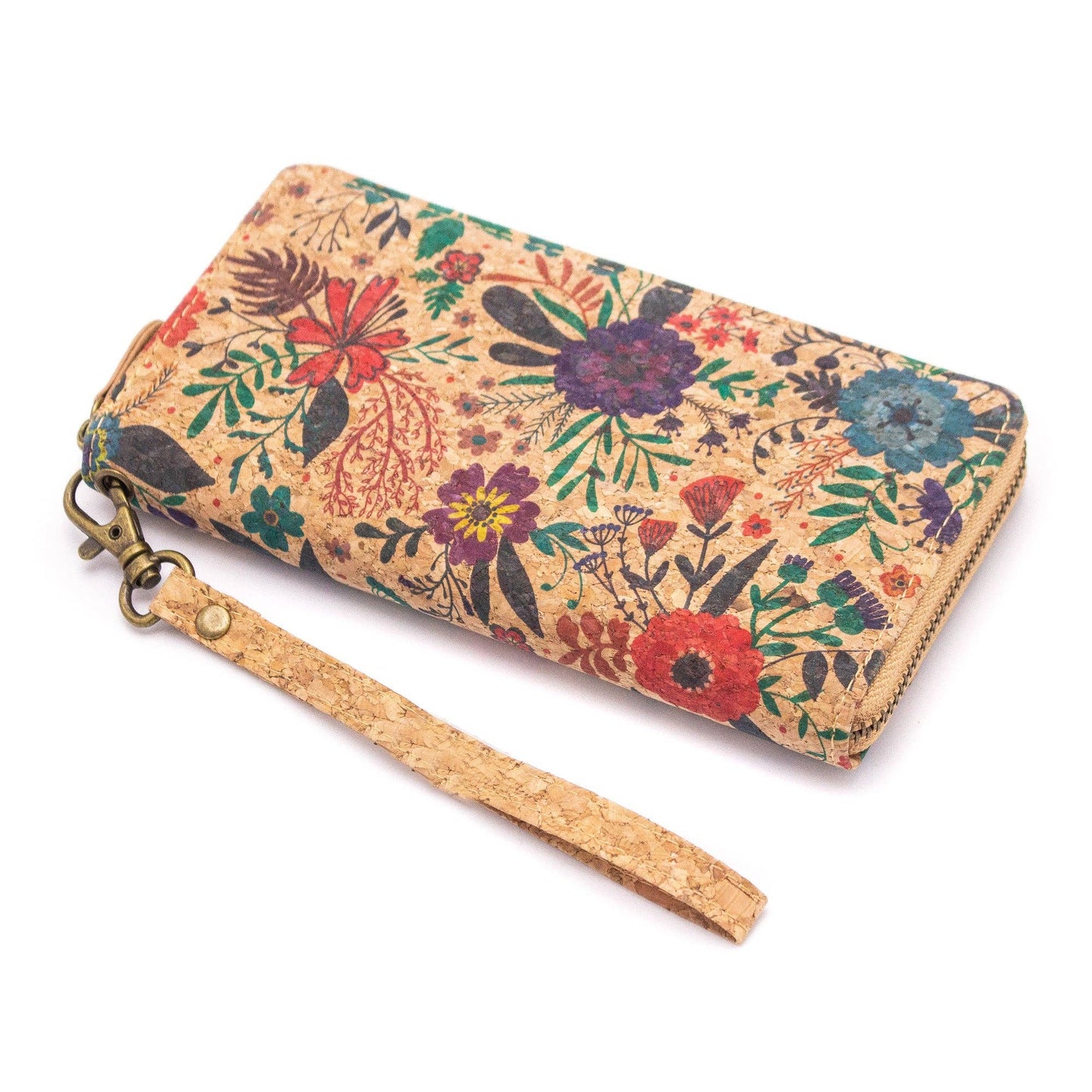Natural cork with flower pattern zipper women wallet