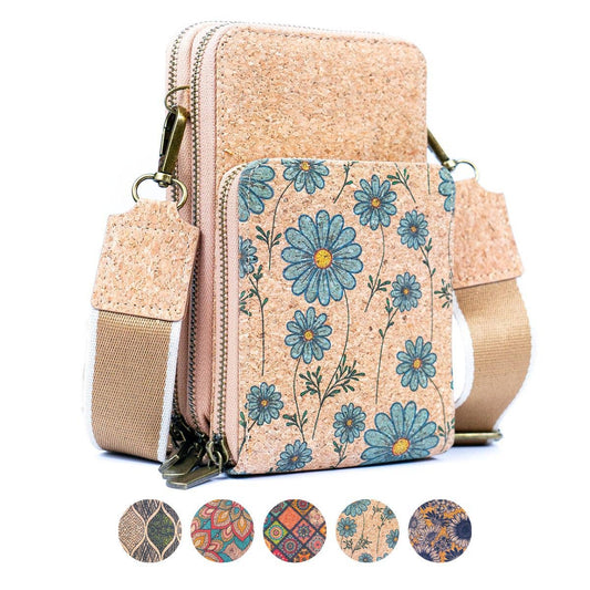 Natural Cork Crossbody Phone Bag with Triple Zipper Design