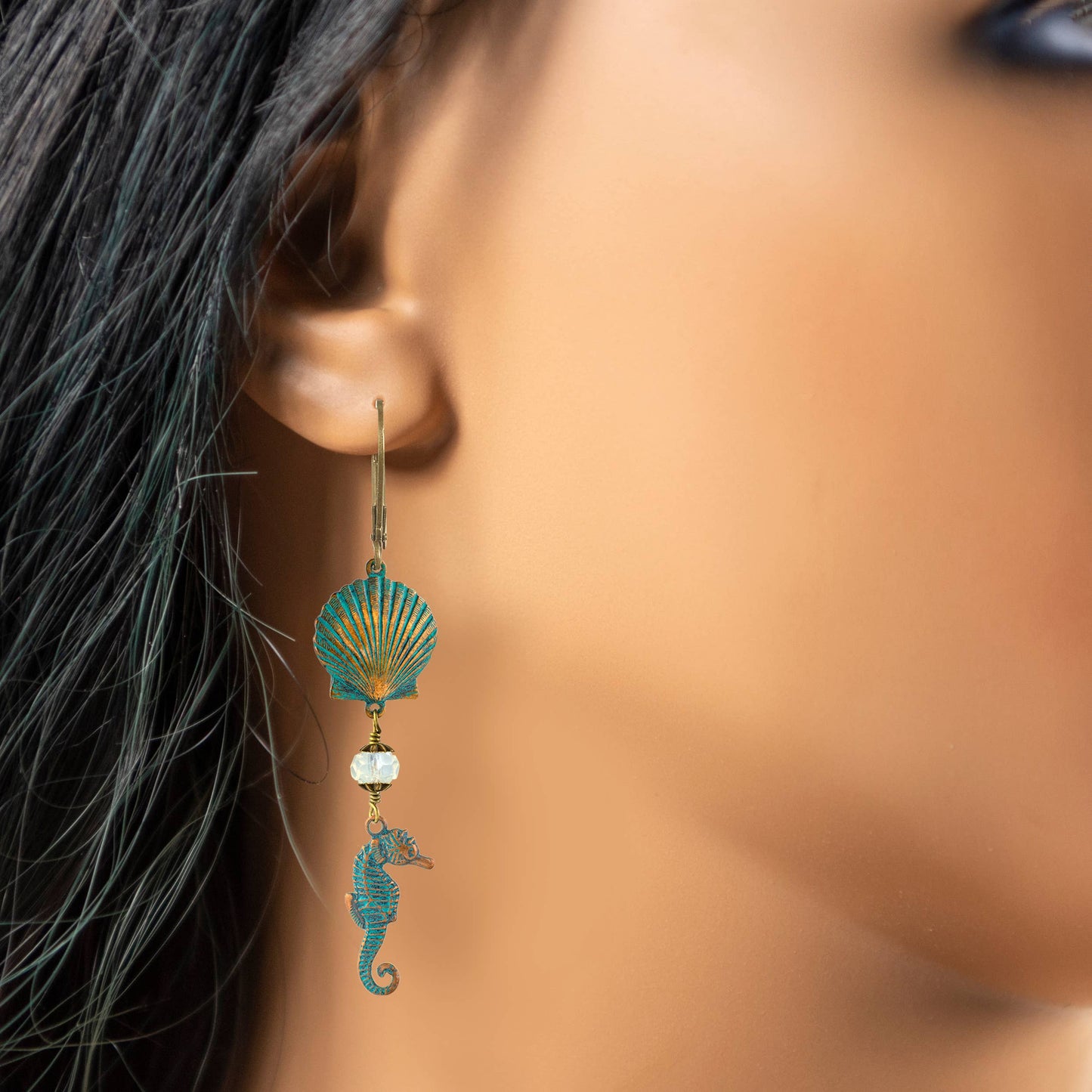 Seahorses and Shells Earrings w Crystals - Tropical Vacation