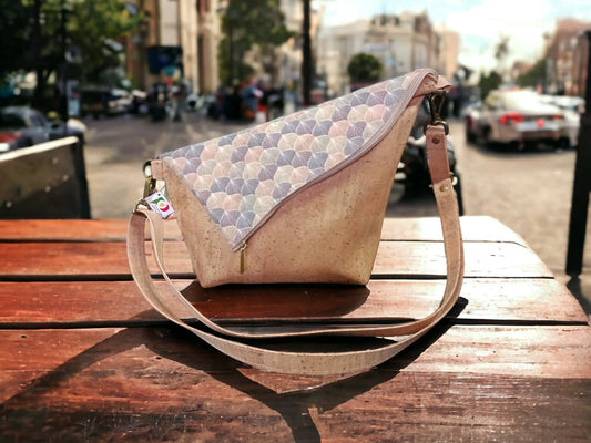 Diagonally folded cork bag