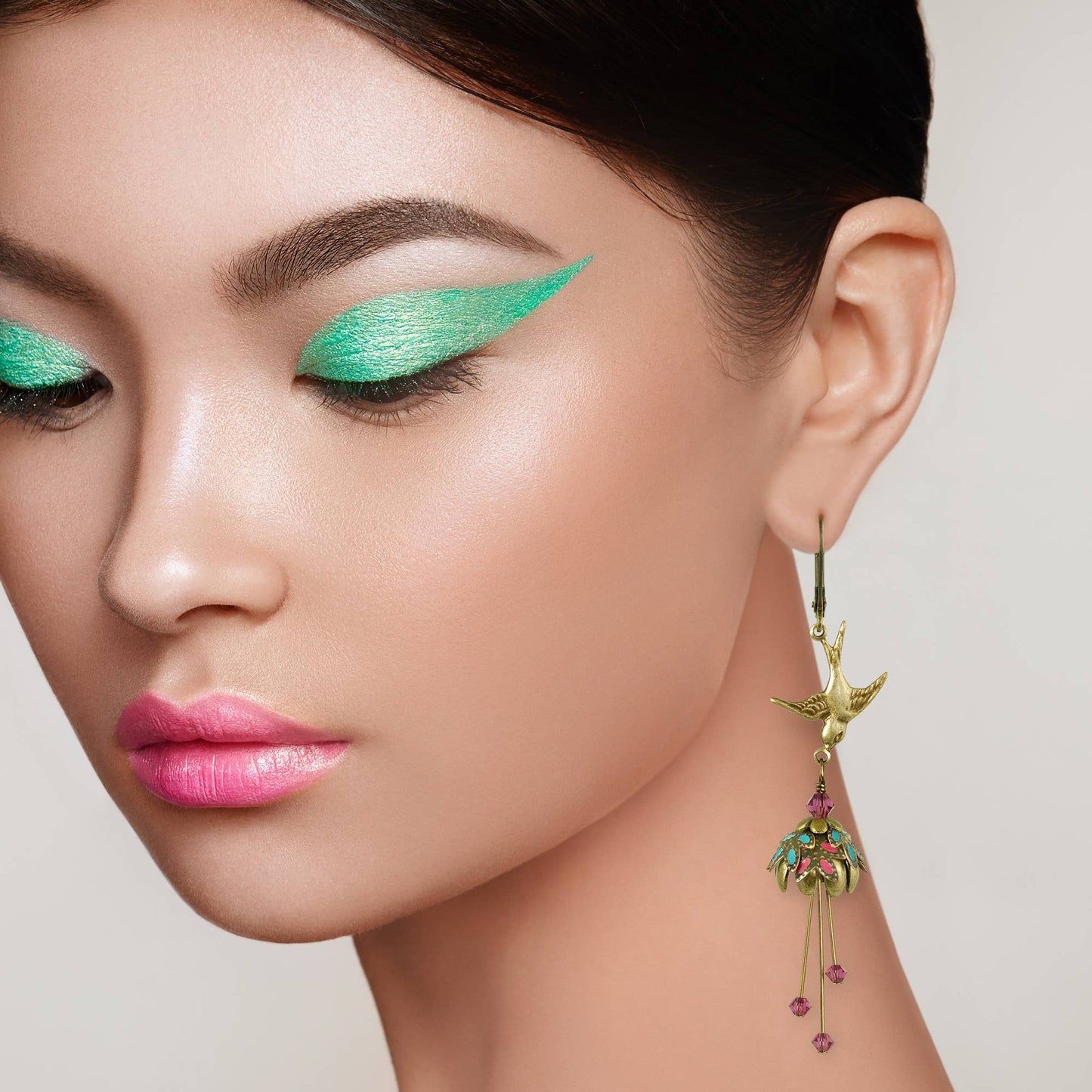 Floral Bird Hand Painted Earrings w/ Crystals - Flower Fairy