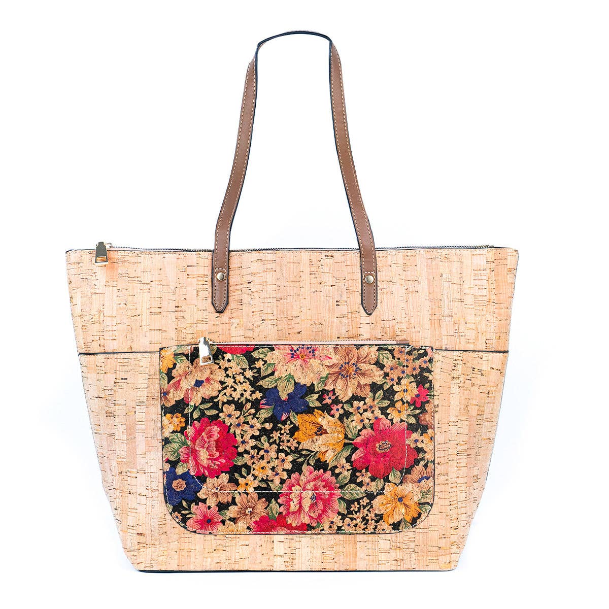 Natural and Printed Cork Blend Tote Bag with PU Handles