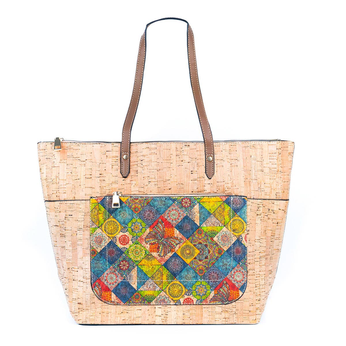 Natural and Printed Cork Blend Tote Bag with PU Handles
