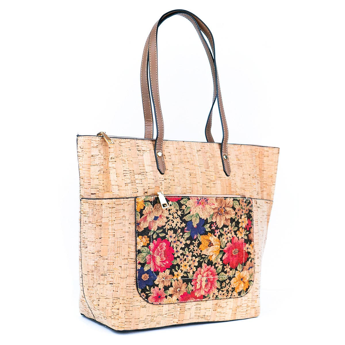 Natural and Printed Cork Blend Tote Bag with PU Handles
