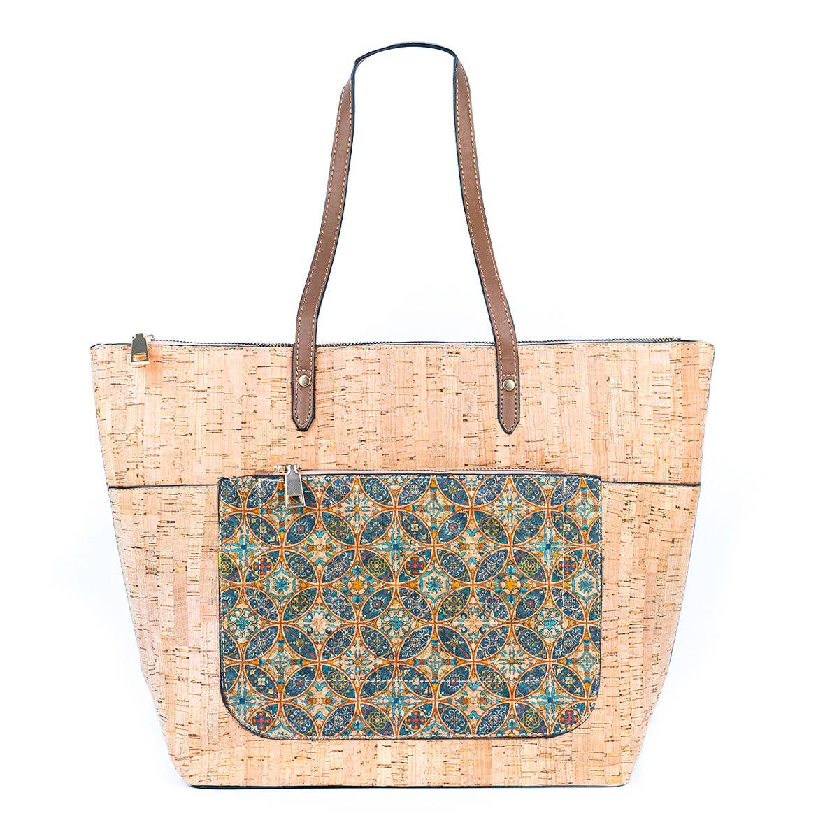 Natural and Printed Cork Blend Tote Bag with PU Handles