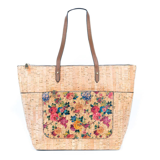 Natural and Printed Cork Blend Tote Bag with PU Handles