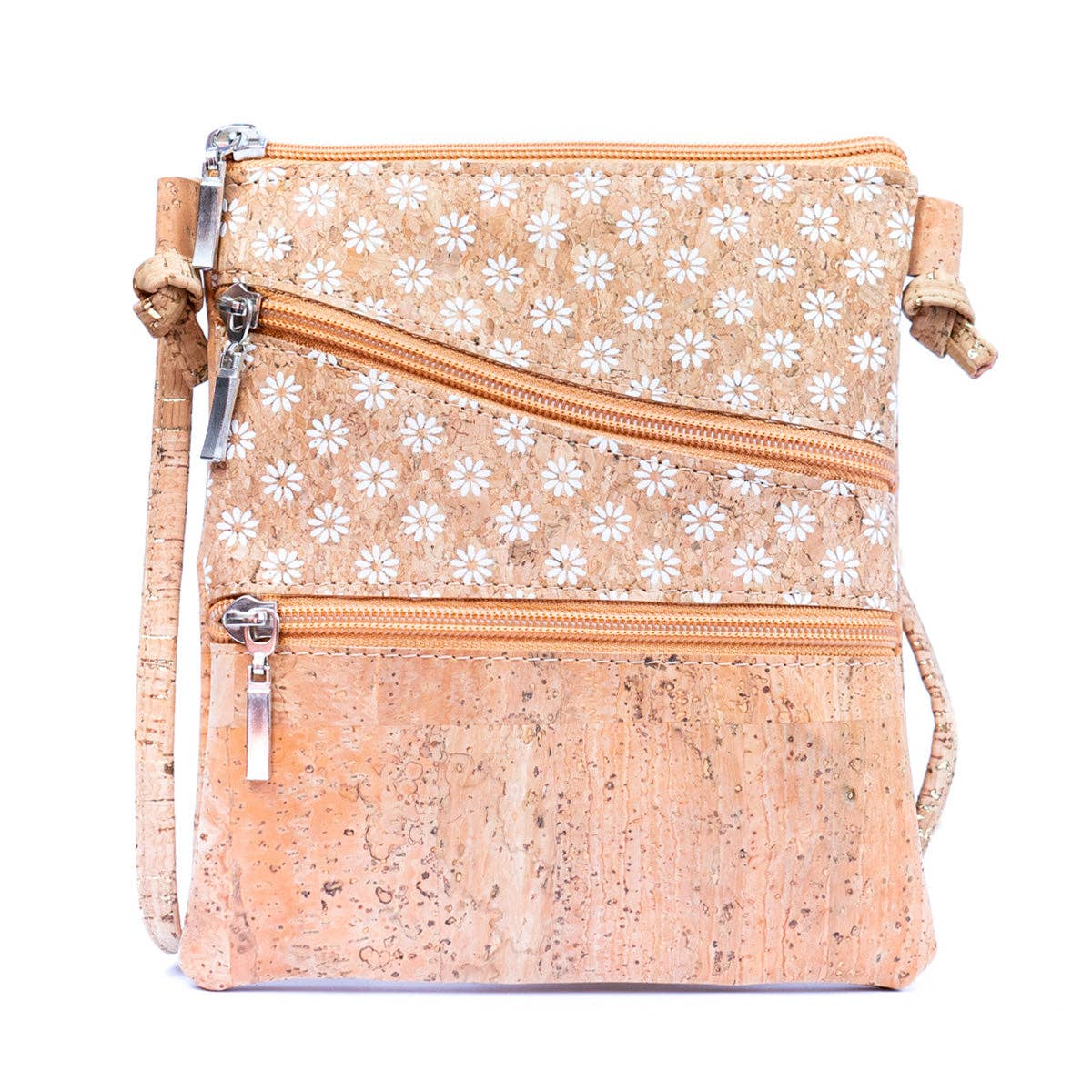 White Print Stitching Ladies' Cork Zipper Crossbody Bag