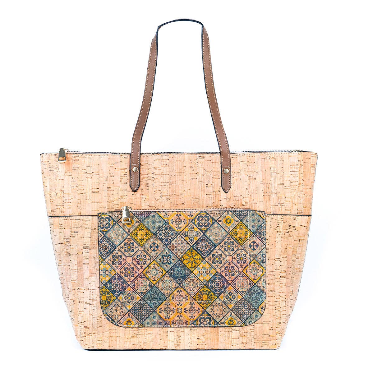 Natural and Printed Cork Blend Tote Bag with PU Handles