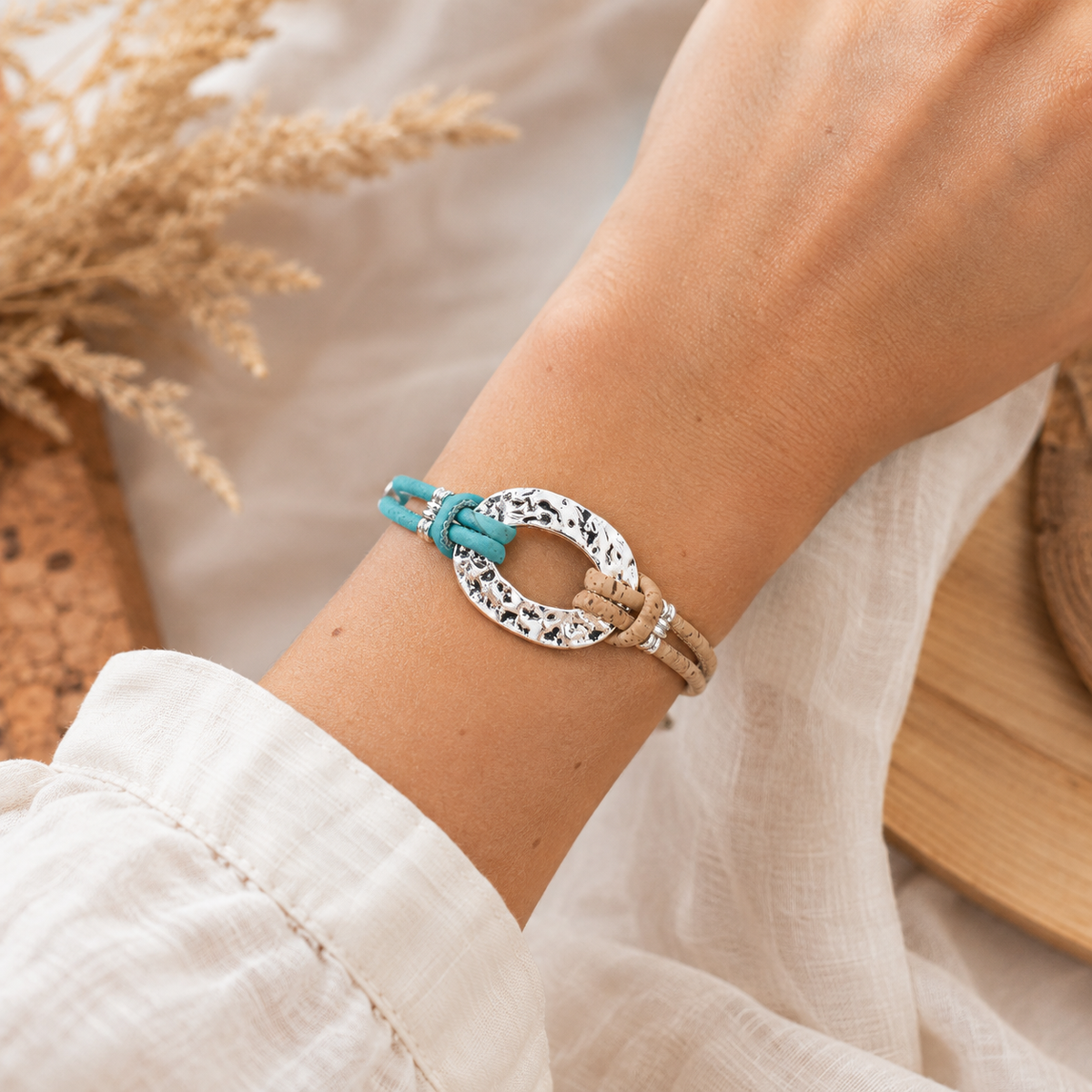 Silver-Tone Oval Handmade Natural Cork Bracelet