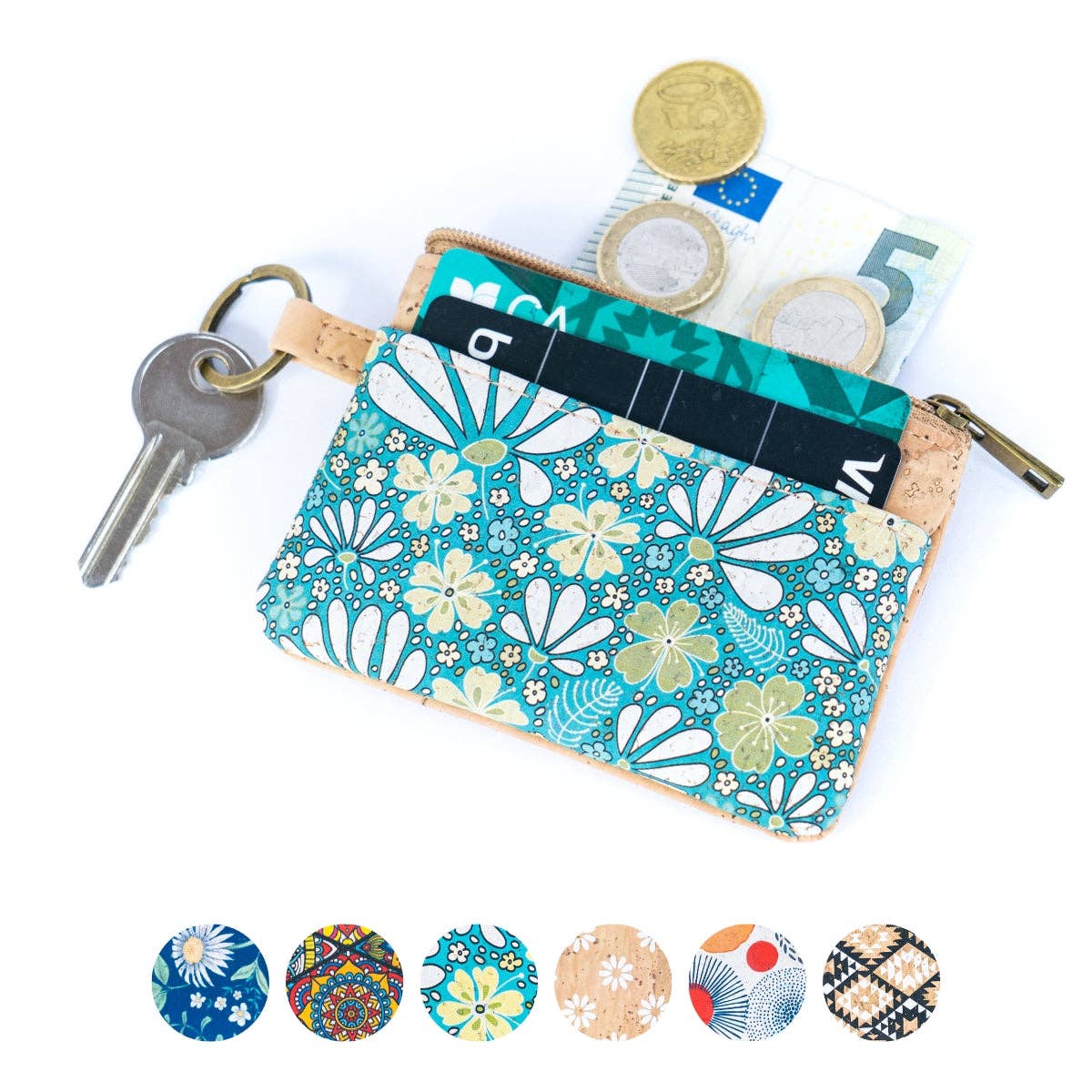 Small Cork Coin Purse with Key Ring – Floral Print