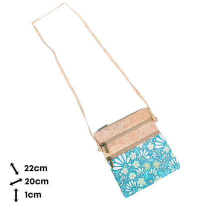 Cork Double Zip Flower print Crossbody Bag