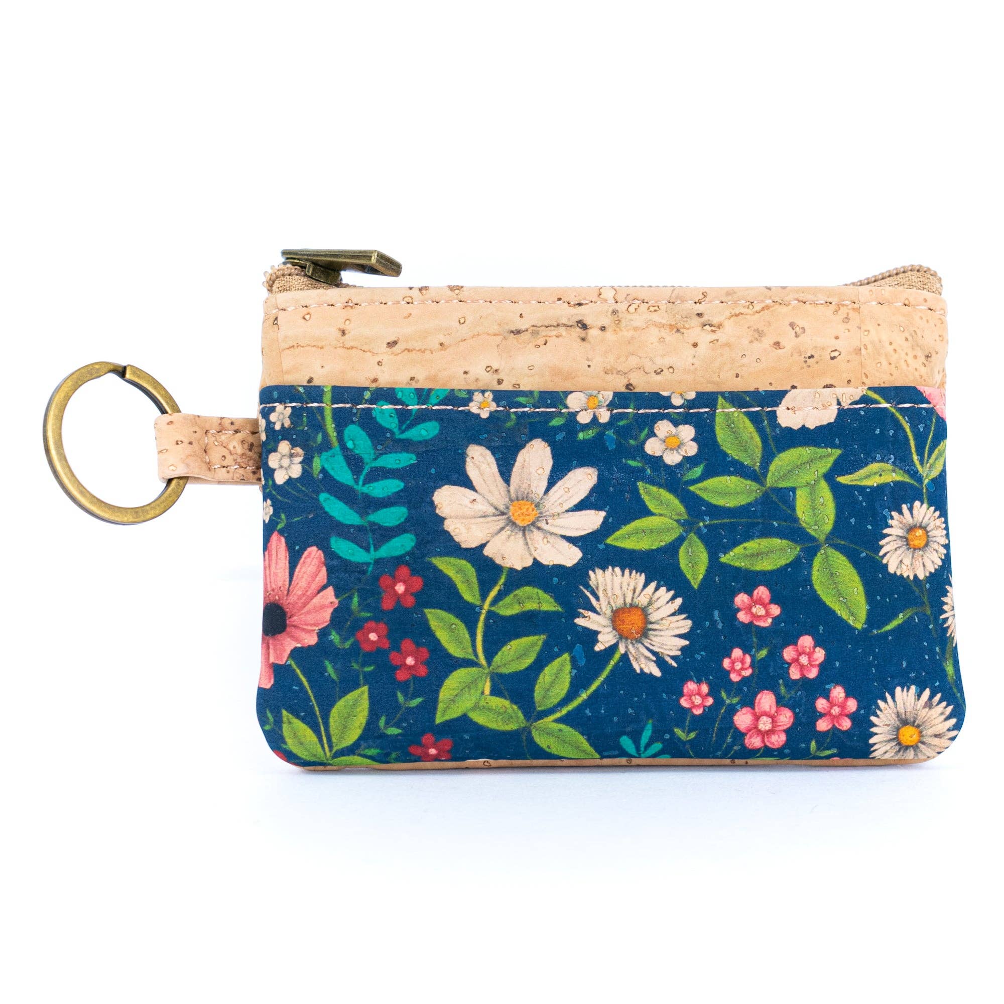 Small Cork Coin Purse with Key Ring – Floral Print