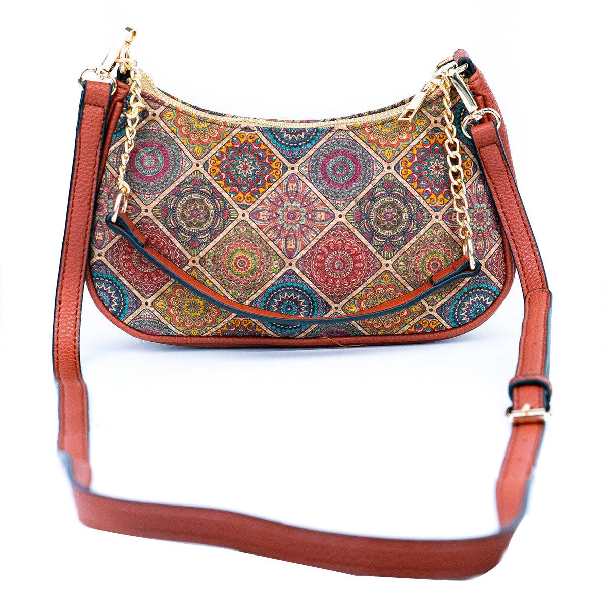 Bohemian Chic Printed Cork & Brown PU Leather Crossbody bag