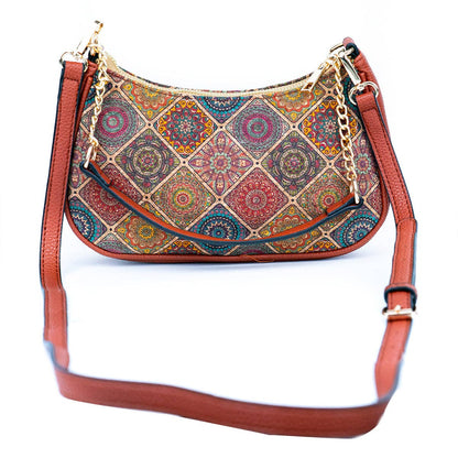Bohemian Chic Printed Cork & Brown PU Leather Crossbody bag
