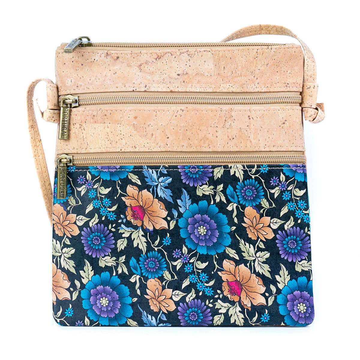 Cork Double Zip Flower print Crossbody Bag