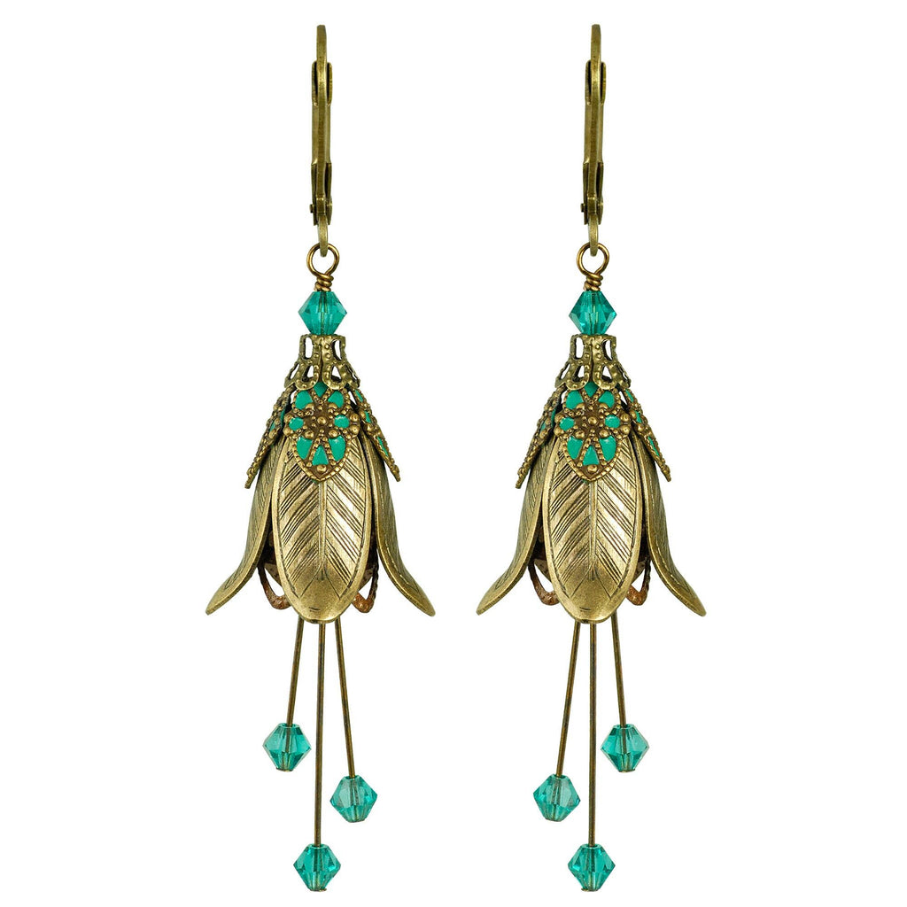 Mystic Lily Flower w Crystals Hand Painted Earrings - Flower Fairy