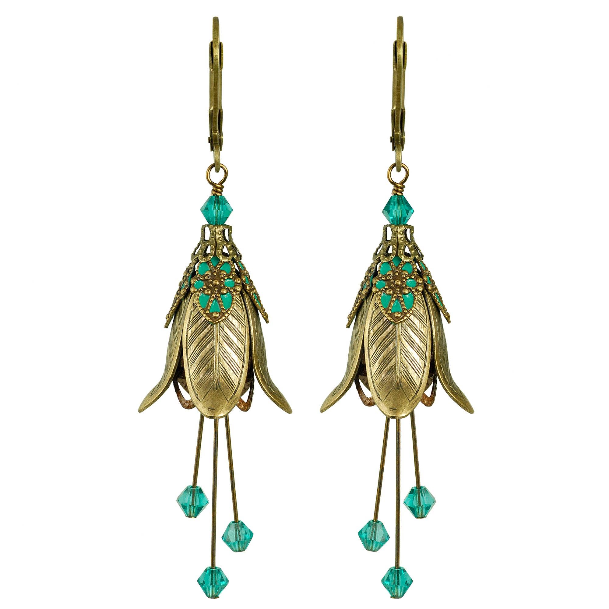 Mystic Lily Flower w Crystals Hand Painted Earrings - Flower Fairy