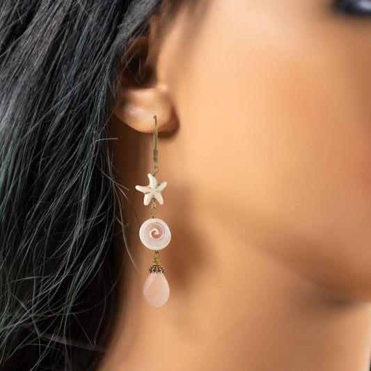 Starfish, Real Shell, Peach Drop Earrings - Tropical Vacation