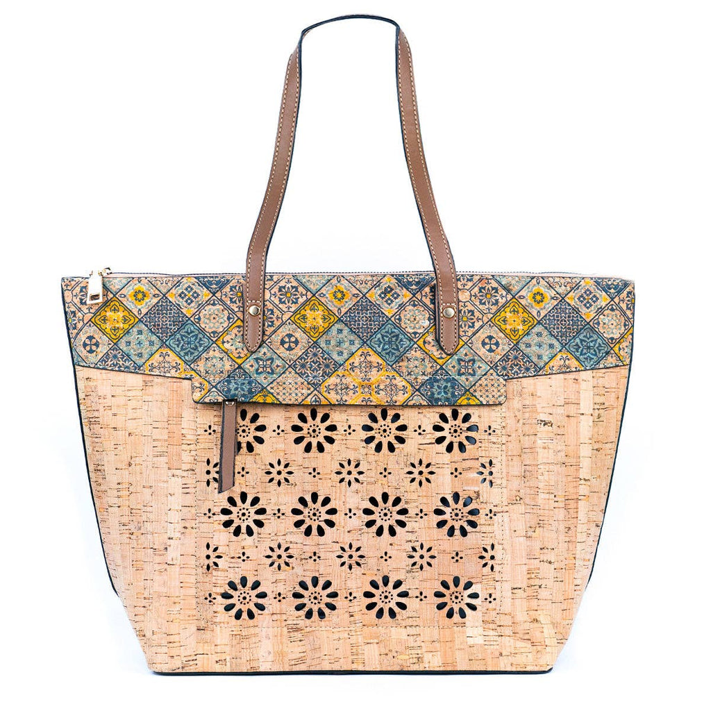 Cork and Cut-Out Printed Cork Tote Bag with PU Handles