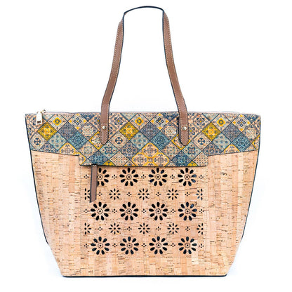 Cork and Cut-Out Printed Cork Tote Bag with PU Handles