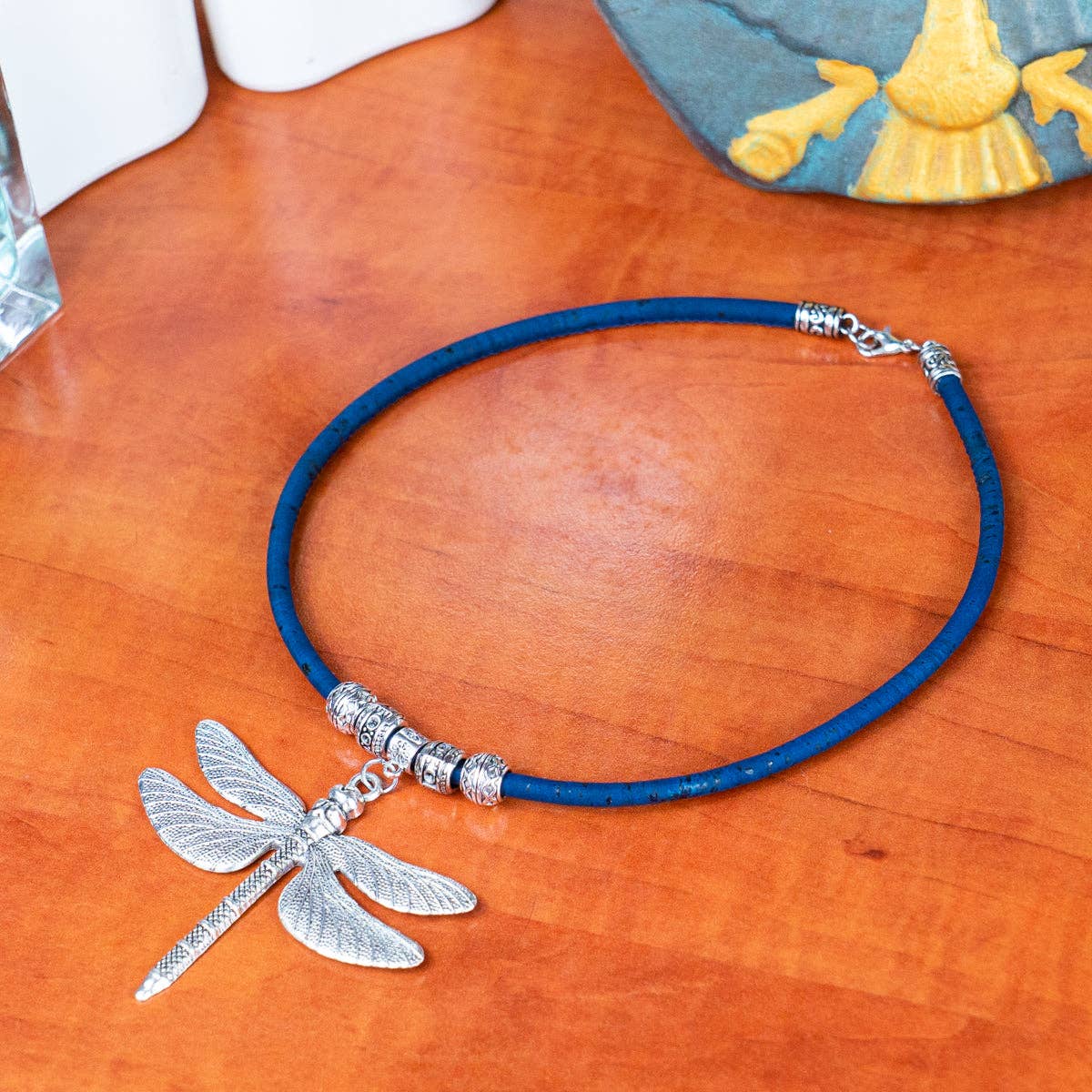 Textured dragonfly handmade Colored cork necklace