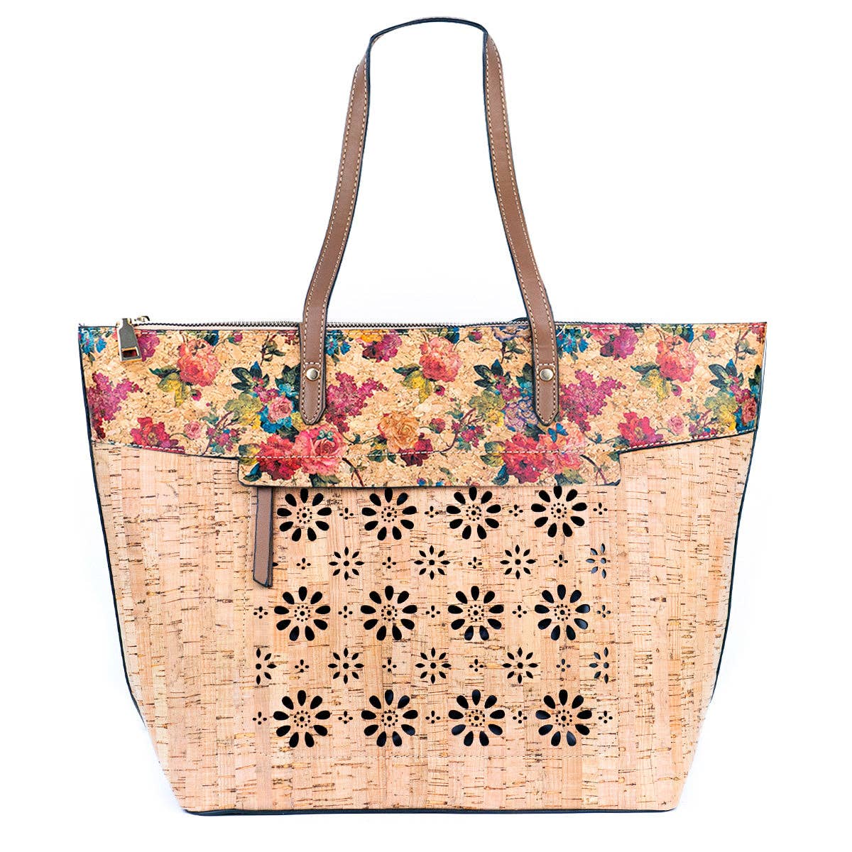 Cork and Cut-Out Printed Cork Tote Bag with PU Handles