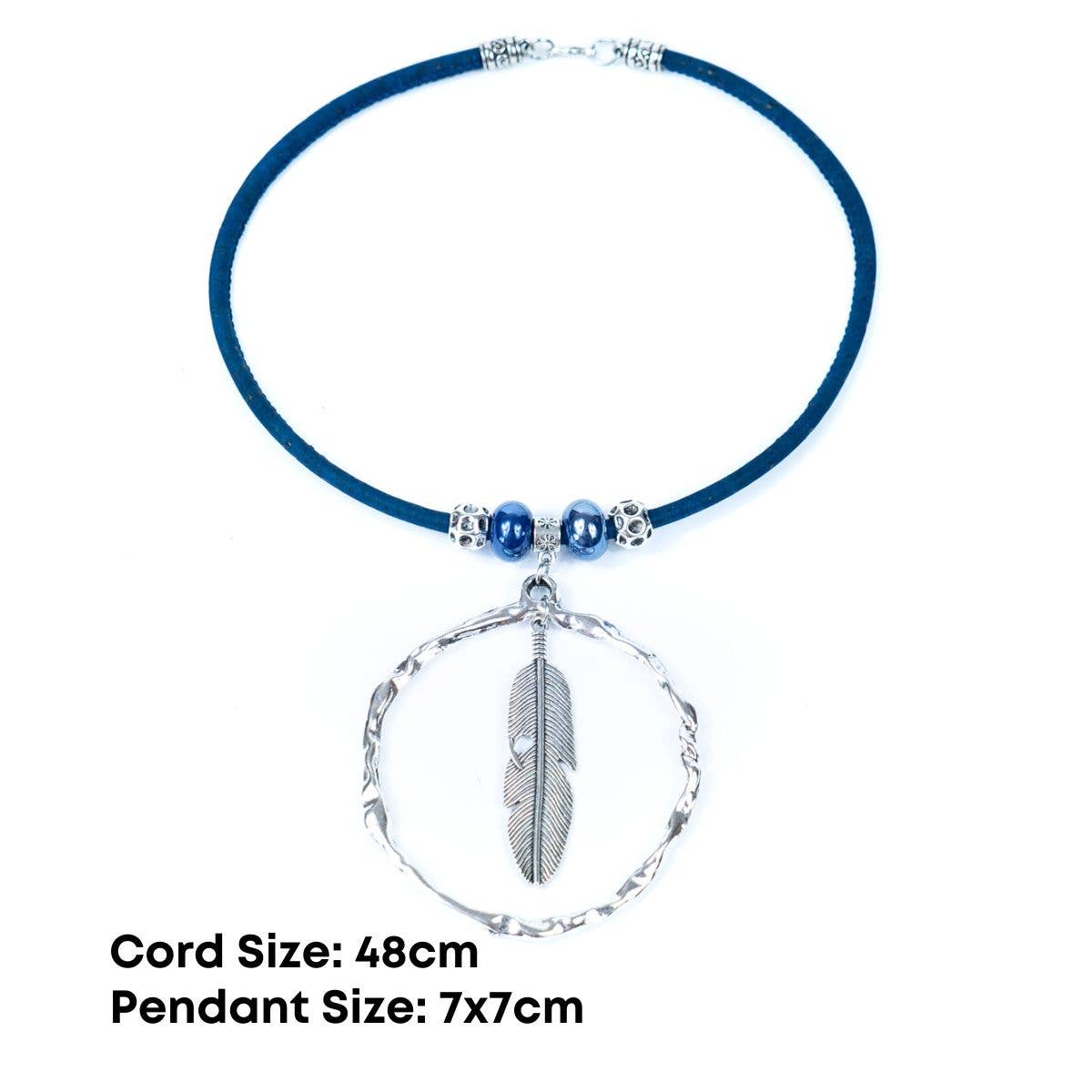 Feather cork necklace with colored cork cord & ceramic beads