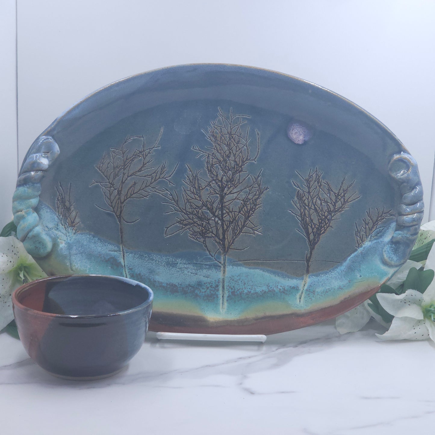 Medium Platter W/DIP Bowl Branches handmade pottery