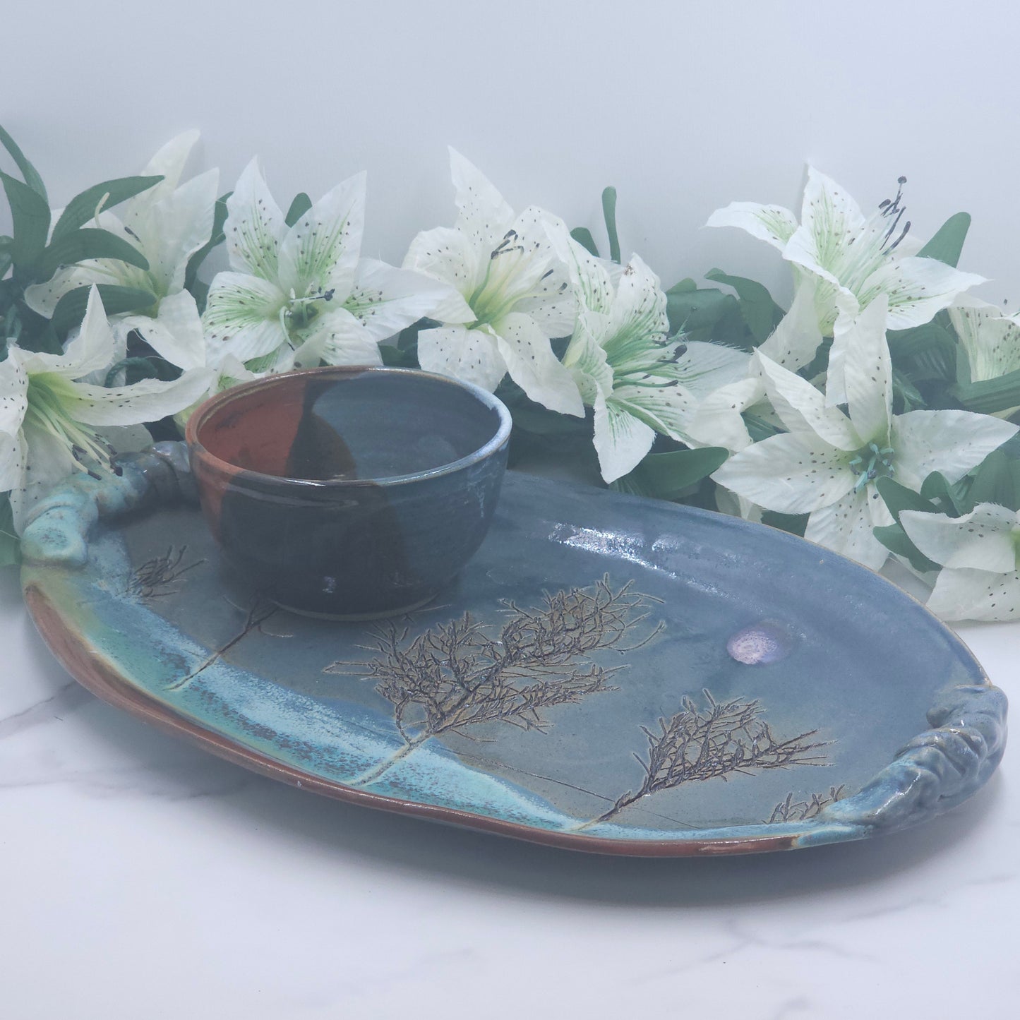 Medium Platter W/DIP Bowl Branches handmade pottery