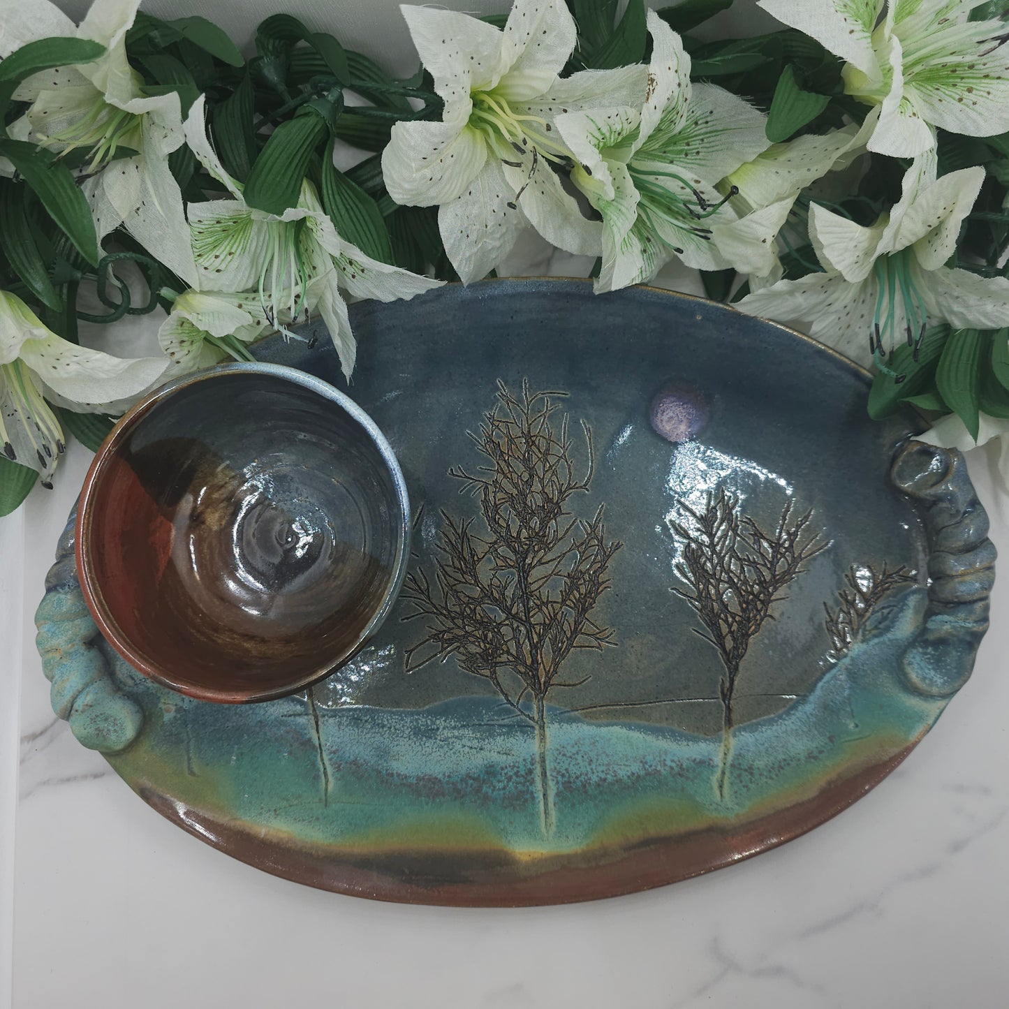 Medium Platter W/DIP Bowl Branches handmade pottery