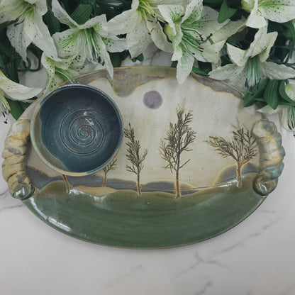 Medium Platter W/DIP Bowl Branches handmade pottery