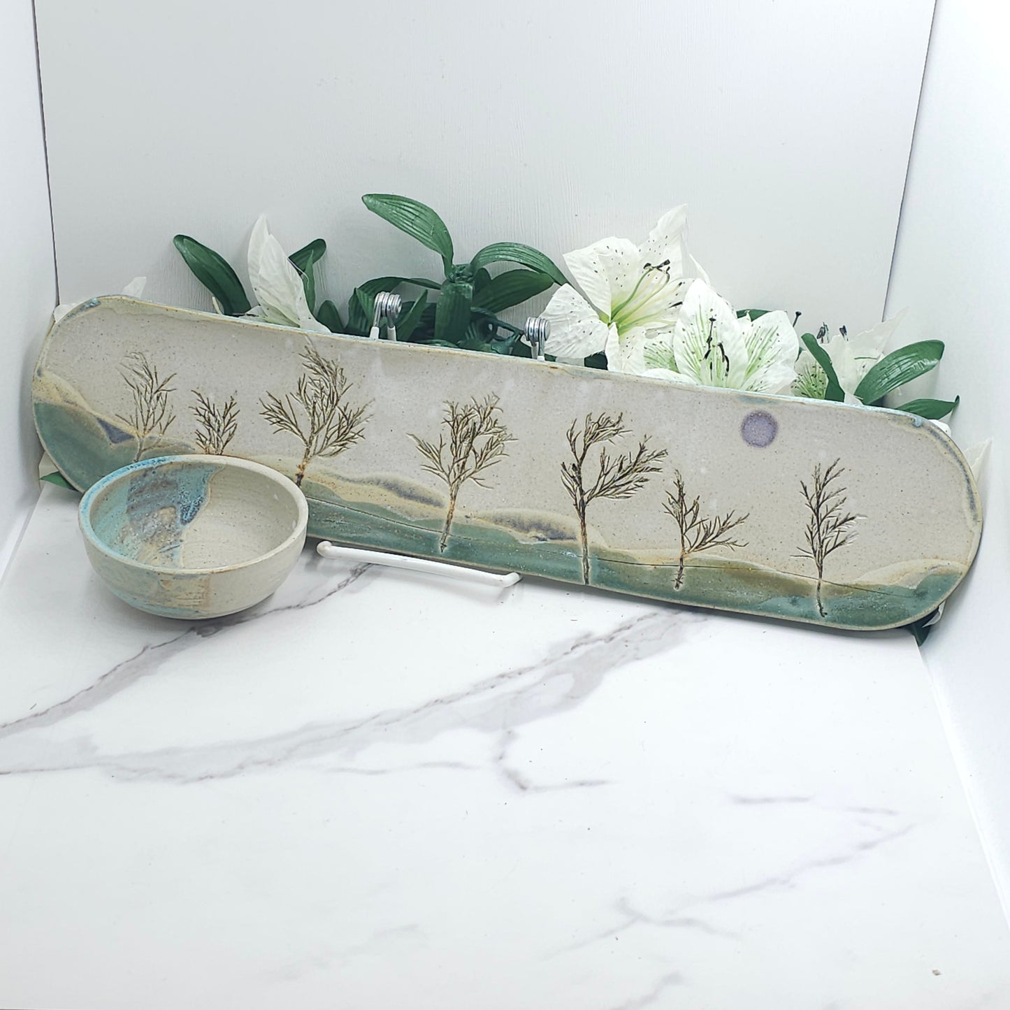 Long Tray W/DIP Bowl Branches handmade pottery