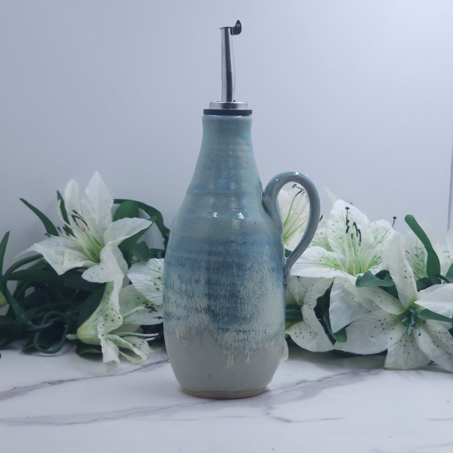 Olive Oil  Bottle w/leaves handmade pottery